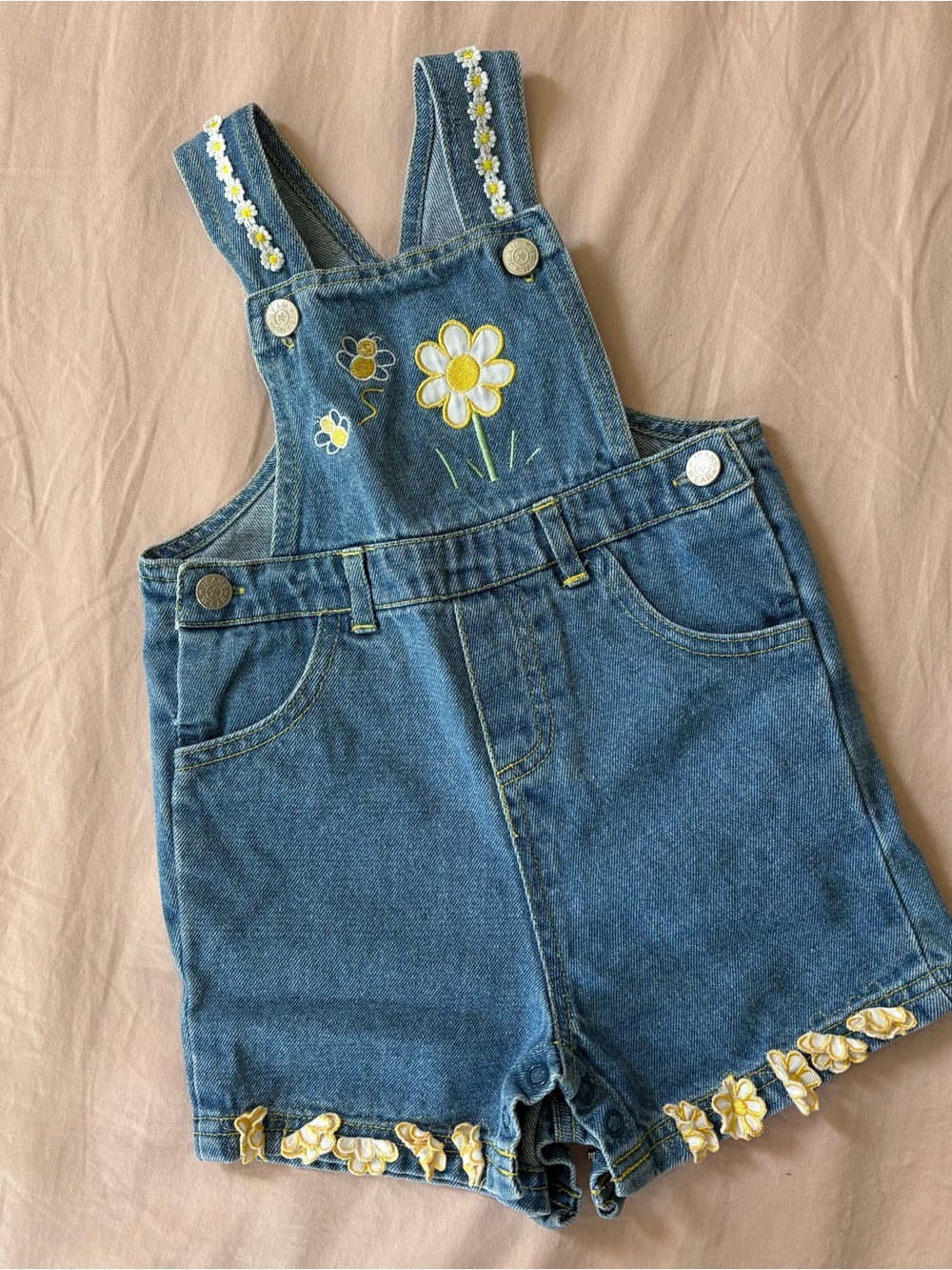 Girls' Denim Daisy Embroidered Short Overalls - Blue